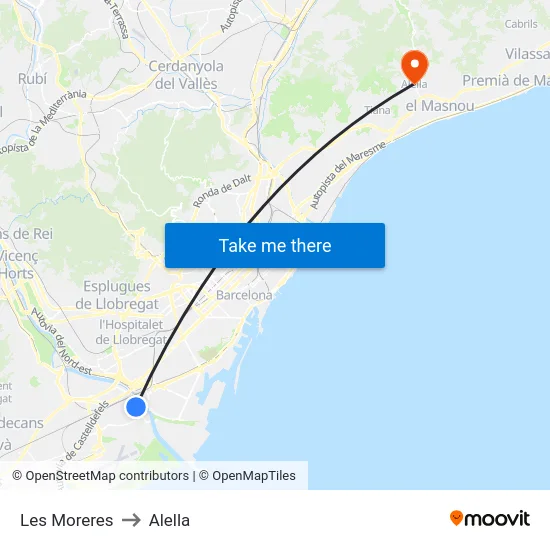 Les Moreres to Alella map