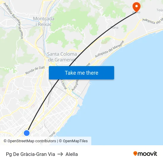 Pg De Gràcia-Gran Via to Alella map
