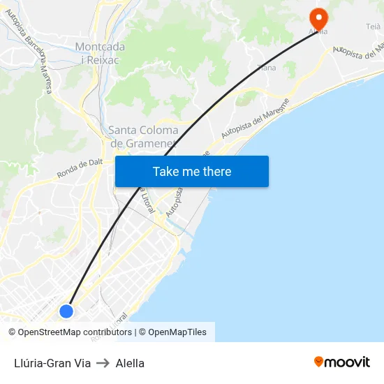 Llúria-Gran Via to Alella map