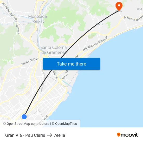 Gran Via - Pau Claris to Alella map