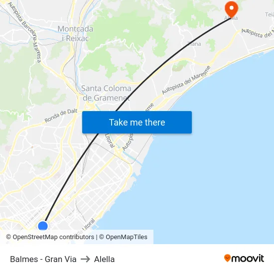 Balmes - Gran Via to Alella map