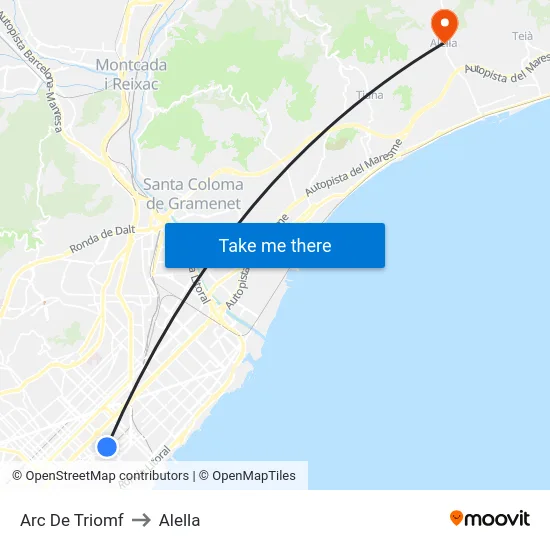 Arc De Triomf to Alella map