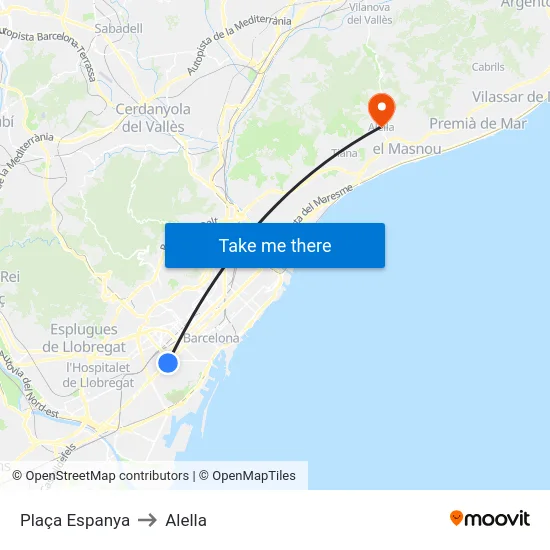 Plaça Espanya to Alella map