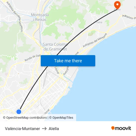 València-Muntaner to Alella map