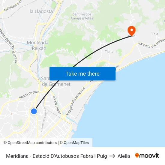 Meridiana - Estació D'Autobusos Fabra I Puig to Alella map