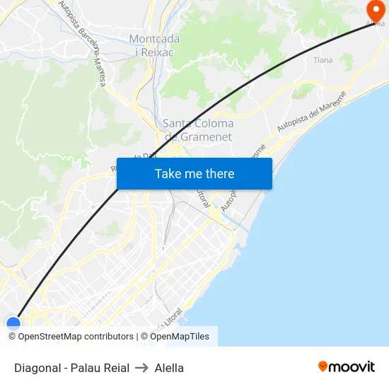 Diagonal - Palau Reial to Alella map