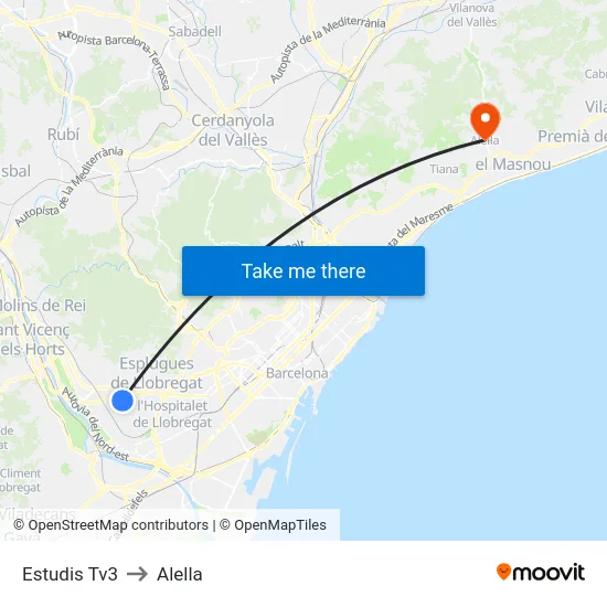 Estudis Tv3 to Alella map