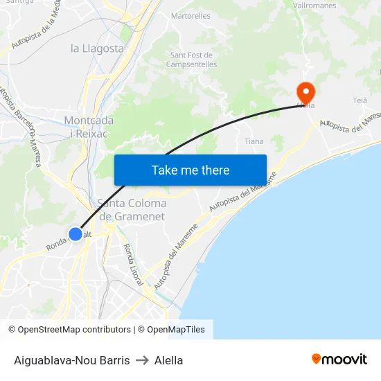 Aiguablava-Nou Barris to Alella map