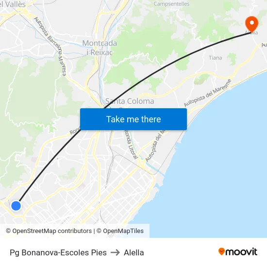 Pg Bonanova-Escoles Pies to Alella map