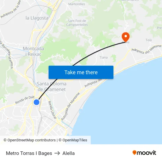 Metro Torras I Bages to Alella map