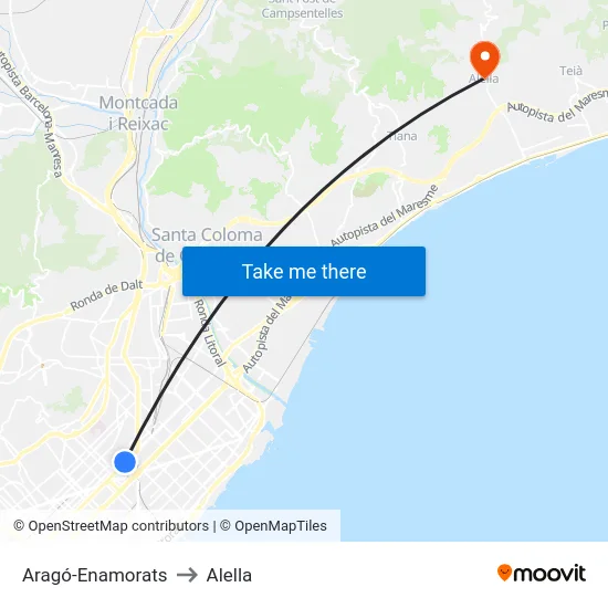 Aragó-Enamorats to Alella map