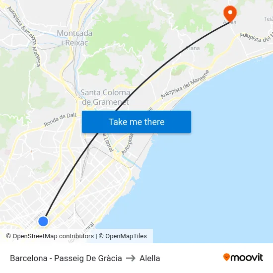 Barcelona - Passeig De Gràcia to Alella map