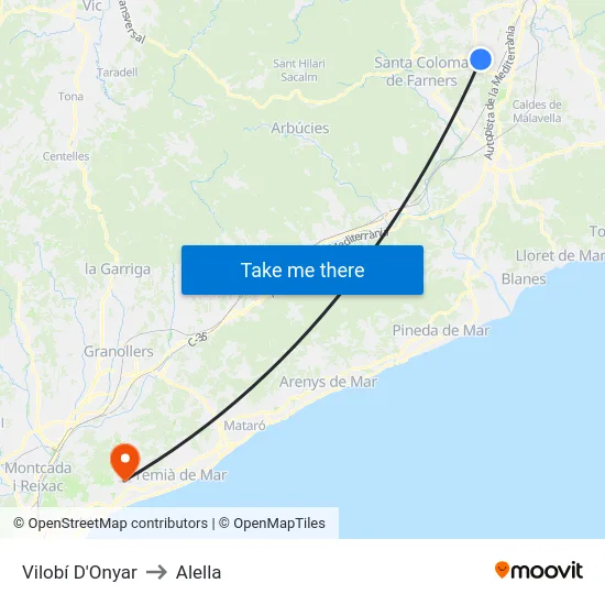 Vilobí D'Onyar to Alella map