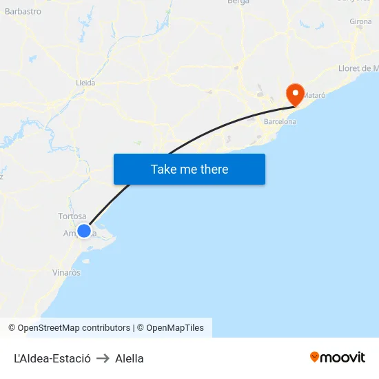 L'Aldea-Estació to Alella map