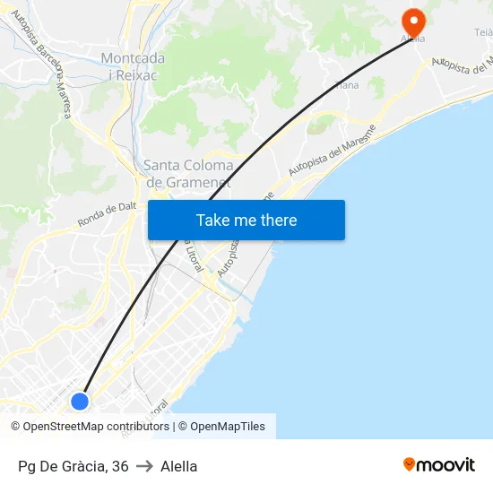 Pg De Gràcia, 36 to Alella map