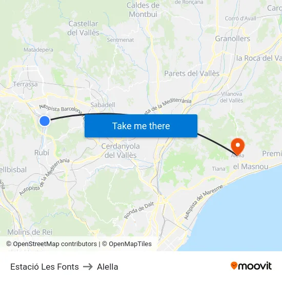 Estació Les Fonts to Alella map