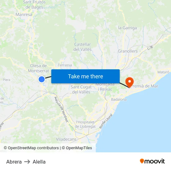 Abrera to Alella map