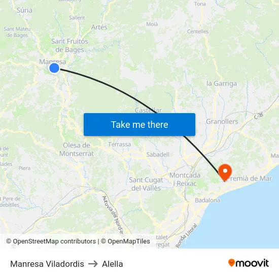 Manresa Viladordis to Alella map