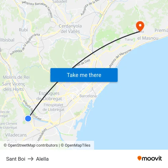 Sant Boi to Alella map