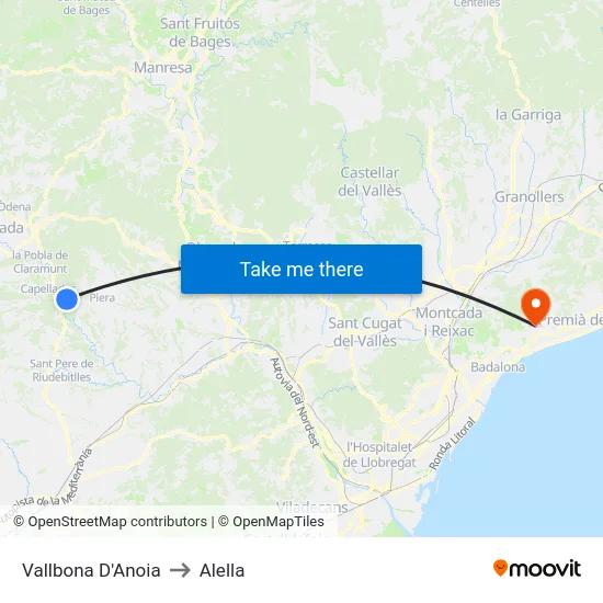 Vallbona D'Anoia to Alella map