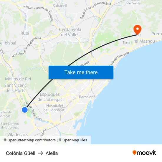 Colònia Güell to Alella map