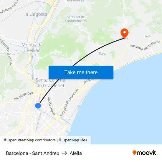 Barcelona - Sant Andreu to Alella map