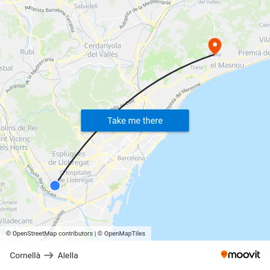 Cornellà to Alella map