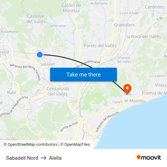 Sabadell Nord to Alella map