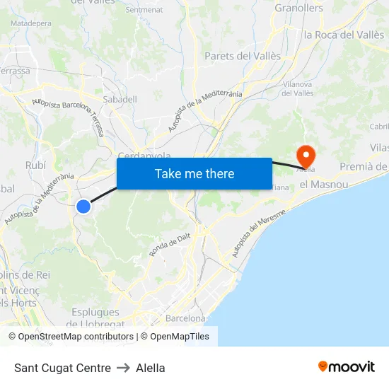 Sant Cugat Centre to Alella map