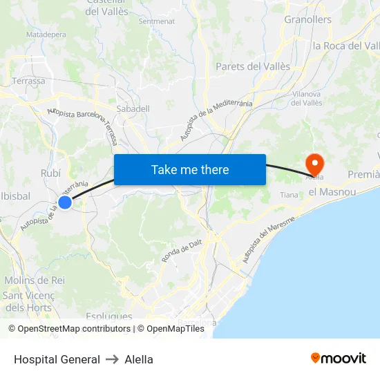 Hospital General to Alella map