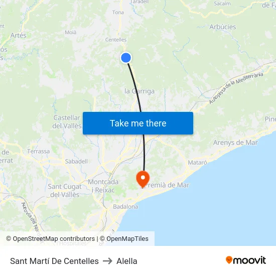Sant Martí De Centelles to Alella map