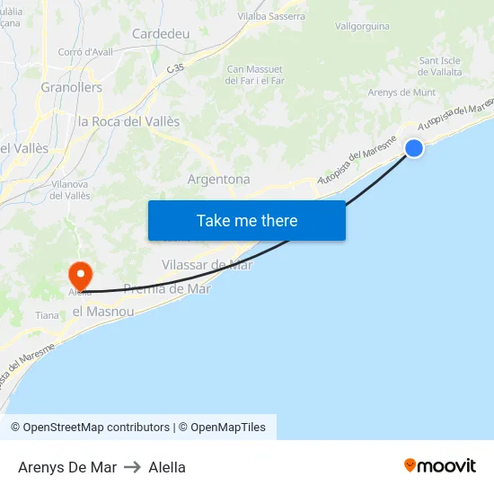 Arenys De Mar to Alella map