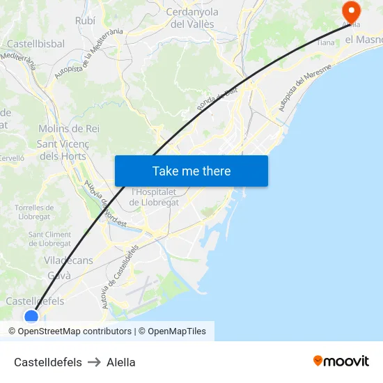 Castelldefels to Alella map
