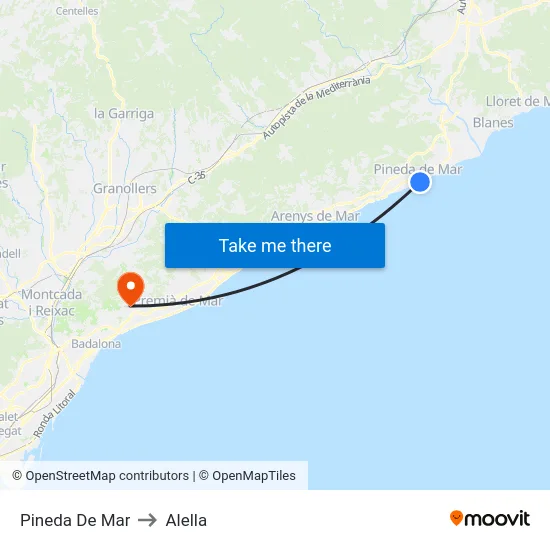Pineda De Mar to Alella map