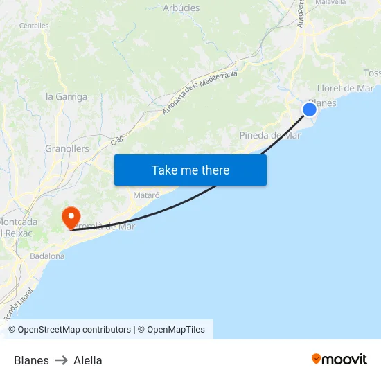Blanes to Alella map