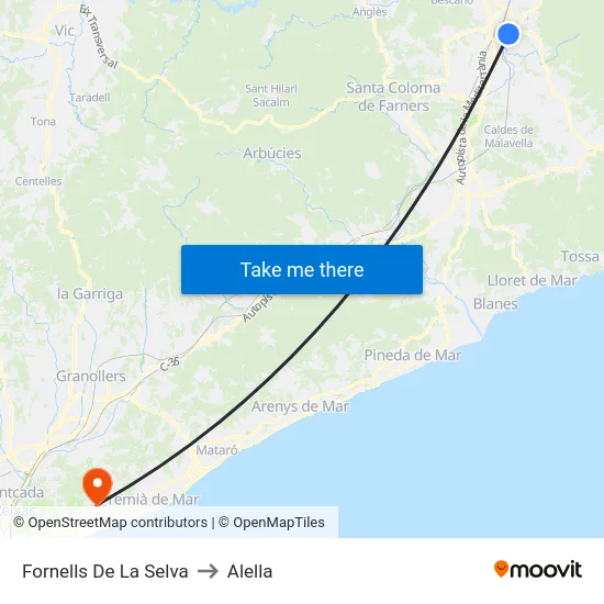 Fornells De La Selva to Alella map