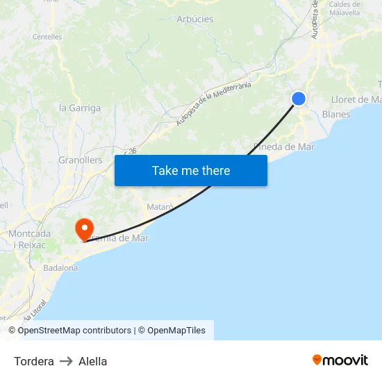 Tordera to Alella map