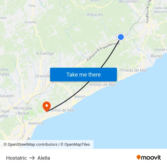 Hostalric to Alella map
