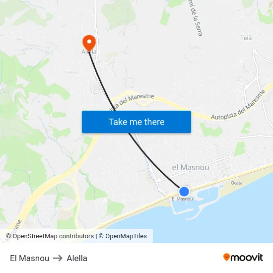 El Masnou to Alella map