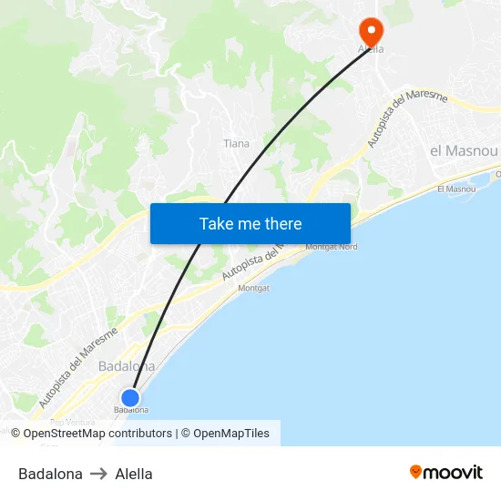 Badalona to Alella map