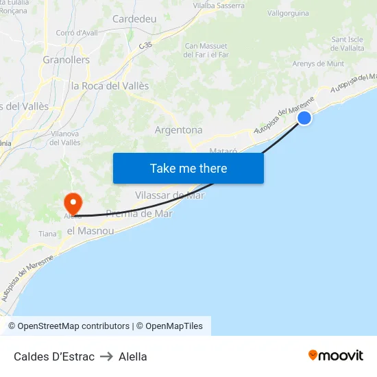 Caldes D’Estrac to Alella map