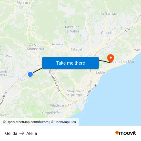 Gelida to Alella map