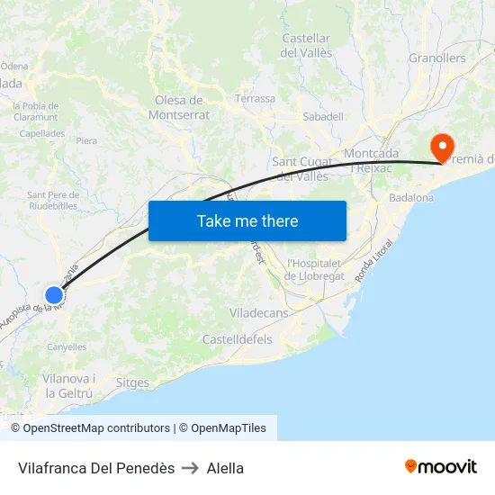 Vilafranca Del Penedès to Alella map