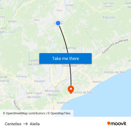 Centelles to Alella map