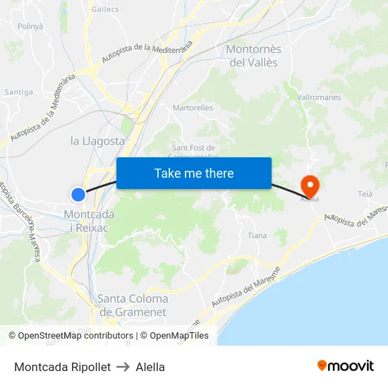 Montcada Ripollet to Alella map