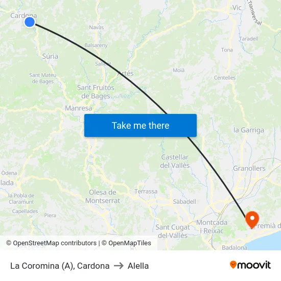 La Coromina (A), Cardona to Alella map
