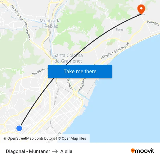 Diagonal - Muntaner to Alella map