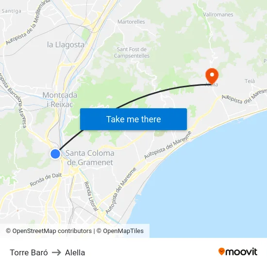 Torre Baró to Alella map