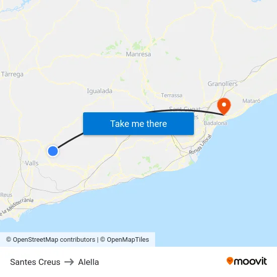 Santes Creus to Alella map