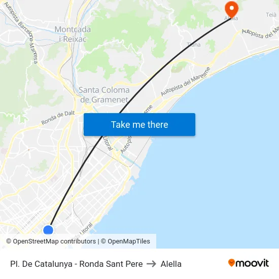 Pl. De Catalunya - Ronda Sant Pere to Alella map